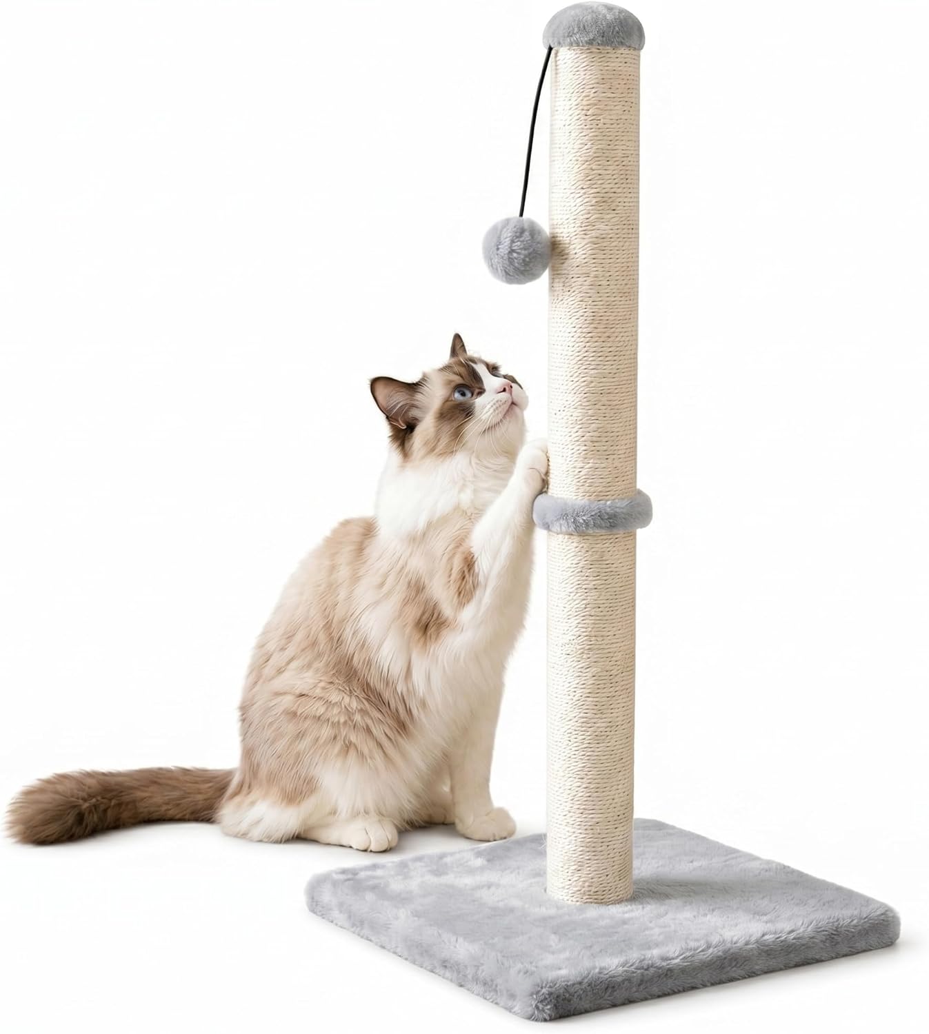 PawHaven tall sisal cat scratching post full view with natural jute rope and sturdy gray base