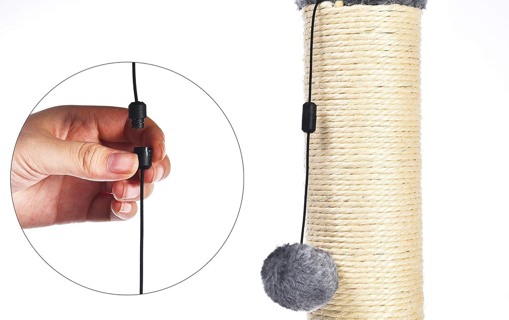 PawHaven tall sisal cat scratching post with hanging pom-pom toy and gray fleece base