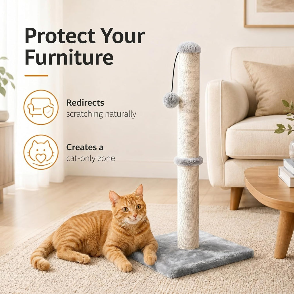 PawHaven cat scratching post features infographic showing durable construction and replaceable dangle toy