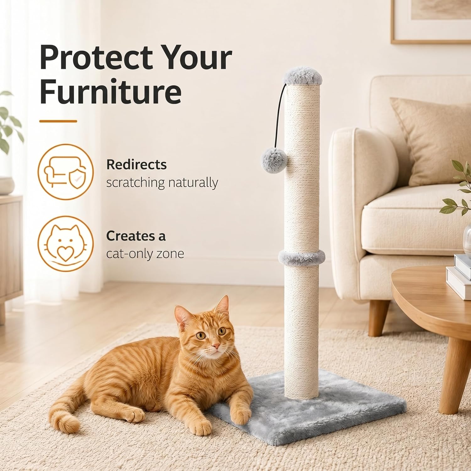 PawHaven cat scratching post features infographic showing durable construction and replaceable dangle toy